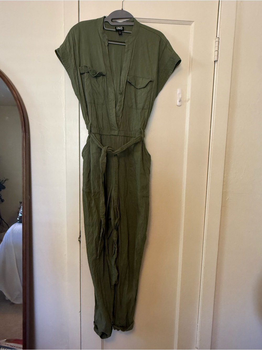 INC International Concepts Olive Utility Tie-Waist Jumpsuit